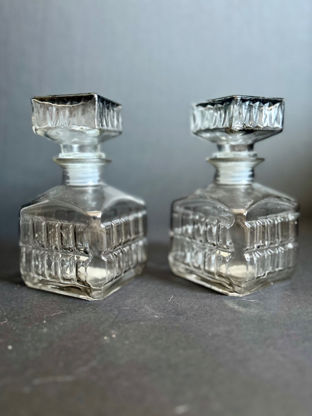 Smoke Gray Glass Bottles with Pour Spouts – Set of 2 – Mid-Century Barware